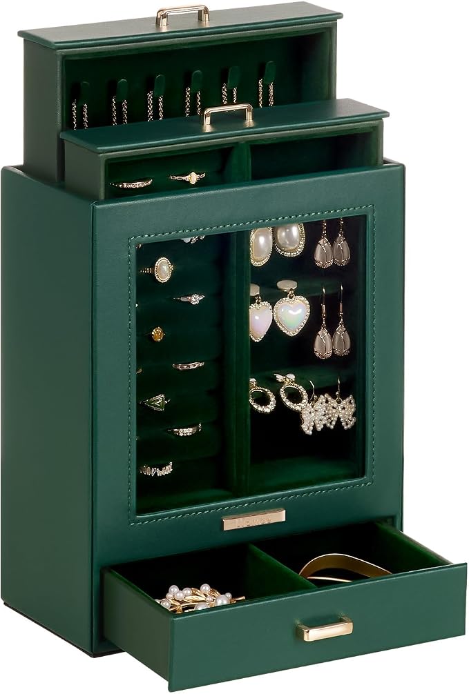 Homde Display Jewelry Box for Girls: Starter Organizer with Clear Window | Vertical Drawers for Earrings Rings Necklaces - Compact Footprint Fits Small Vanities - Birthday&Graduation Gift for Teens