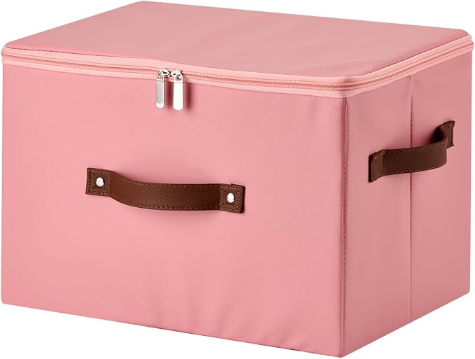 Storage Bins with Zipper Lid PU leather Storage Boxes Leather Fabric Collapsible Lidded Baskets Cube with Handle Decorative Shelves Closet Office Organizer Container(Pink, Large Size)
