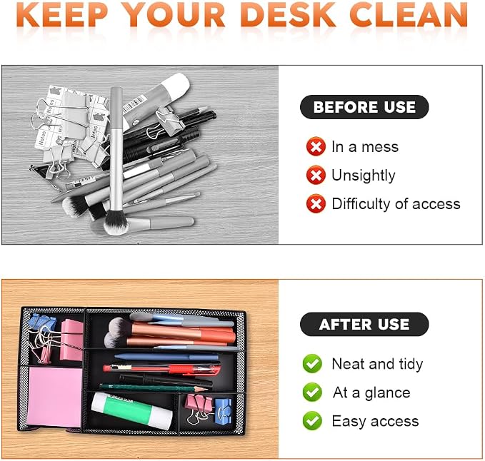 Desk Drawer Organizer, Office Metal Mesh Drawer Divider Organizer Tray with 6 Compartments, Pen Organizer for Desk Drawers Tray Desktop Accessories(COLOR:Black)