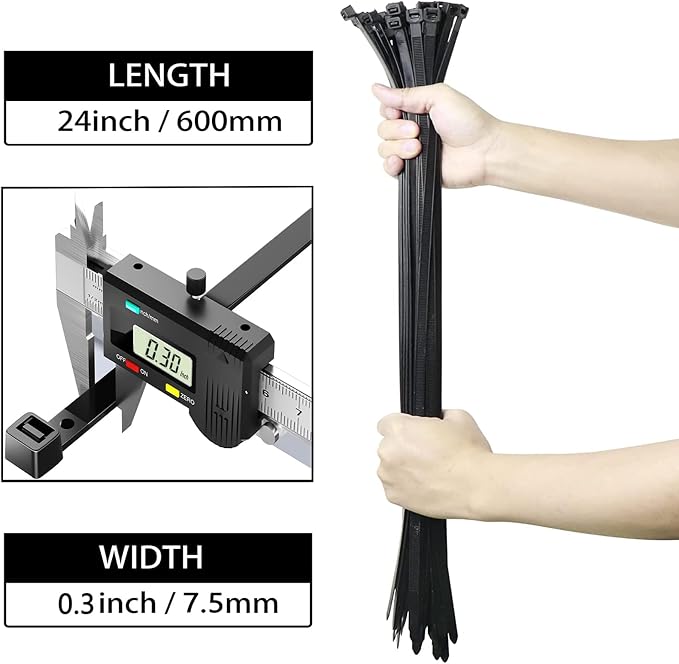 24 inch Black Long Zip Ties Heavy Duty 50 PCS, 175LBS Ultra Strong Plastic Wire Ties, Large Cable Ties Extra Long Tie Wraps, Indoor and Outdoor UV Resistant