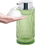14 Oz Foaming Soap Dispenser, Green Glass Soap Dispenser, Refillable Foam Pump Bottle Lotion Container with Silver Pump, Decorative Slim Ribbed Bottle for Bathroom and Kitchen Decor