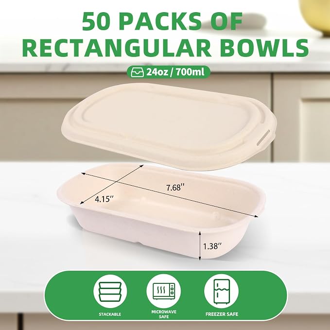 50Pcs(24oz) Disposable Meal Prep Food Containers with Lids | Lunch Salads Microwaveable and Freezable Compostable Safe Non Plastic Food Storage，Biodegradable Take Out Food Bento Boxes.