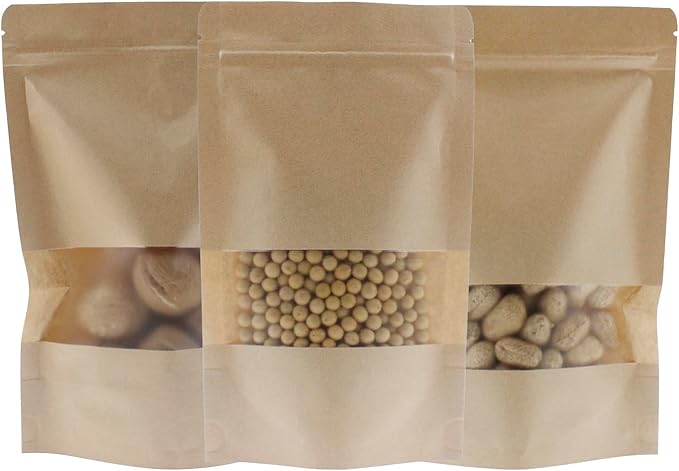 Kraft Paper Zipper Pouches,ULIFESTAR Kraft Stand Up Zip Lock Pouch Bags,100PCS Resealable Bag with Transparent Window and Tear Notch Resealable Bag for Small Business HomeUse,8.6"*12.6"(22*32cm+5cm)