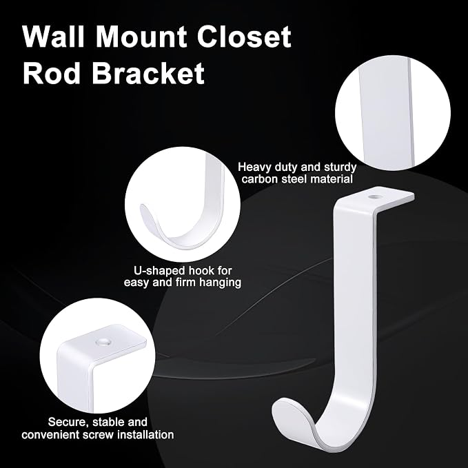 OwnMy 2PCS Closet Rod Brackets, 1 Inch to 1.5 Inch Round Closet Rod Holders | Heavy Duty Wall Mount Closet Shelf Rod Pole Support Brackets, Metal Clothes Storage Hangers Brackets with Screws, White