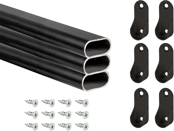 Outwater 48 Inch Black Aluminum Oval Closet Rod Kit, 1-3/16 Inch x 19/32 Inch Profile, Includes Matching Screw Mount Supports and Mounting Screws, Pack of 3