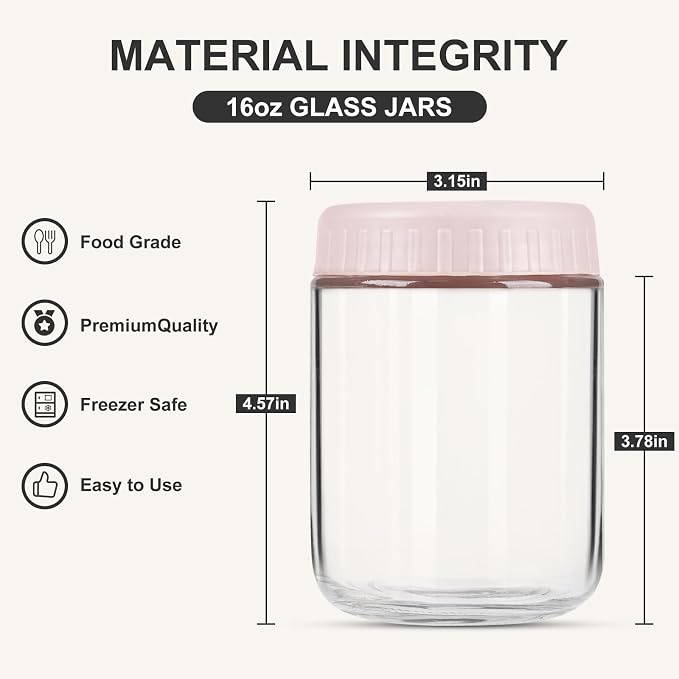 SHOWIN Overnight Oats Containers with Lids, 16oz Glass Jars with Lids 4 pcs, Pink, Wide Mouth Mason jars for Salad, Yogurt, Snacks, Meal Prep