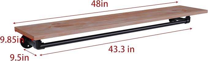 Clothes Rack 48in, Wall Mounted Garment Rack with Real Wood Shelf, Heavy Duty Hanging Clothes Rack, Multi-Purpose Hanging Rod, Space-Saving Closet Storage
