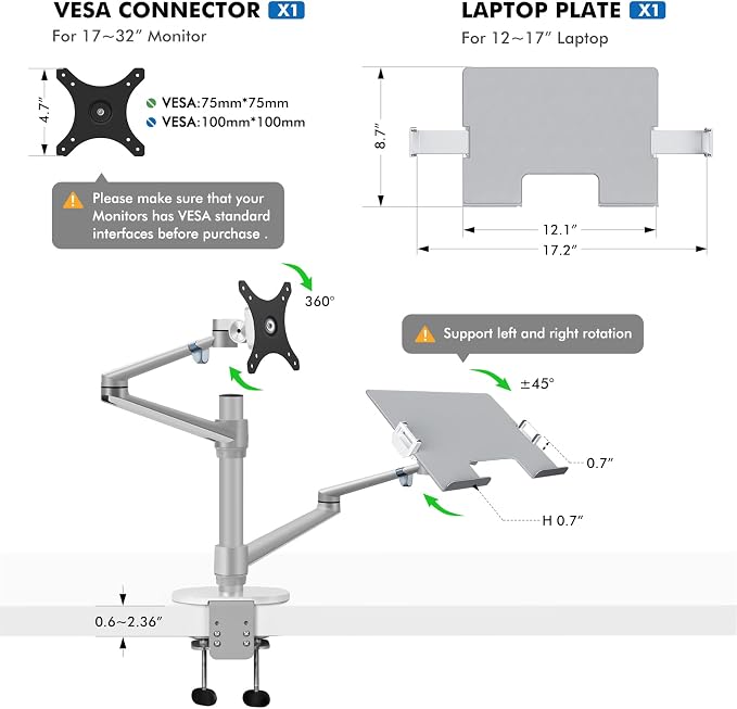 Viozon Monitor and Laptop Mount, 2-in-1 Adjustable Dual Arm Desk Mounts Single Desk Arm Stand/Holder for 17 to 32 Inch LCD Computer Screens, Extra Tray Fits 12 to 17 inch Laptops (Silver)