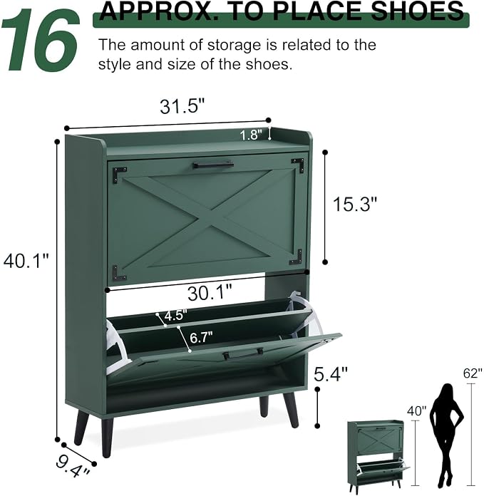 Barnyatoh Shoe Storage Cabinet,Farmhouse Shoe Organizer with 2 Flip Drawers & Barn Door Design,Freestanding Hidden Slim Narrow Shoe Rack Cabinet for Entryway,Foyer,Hallway,Green