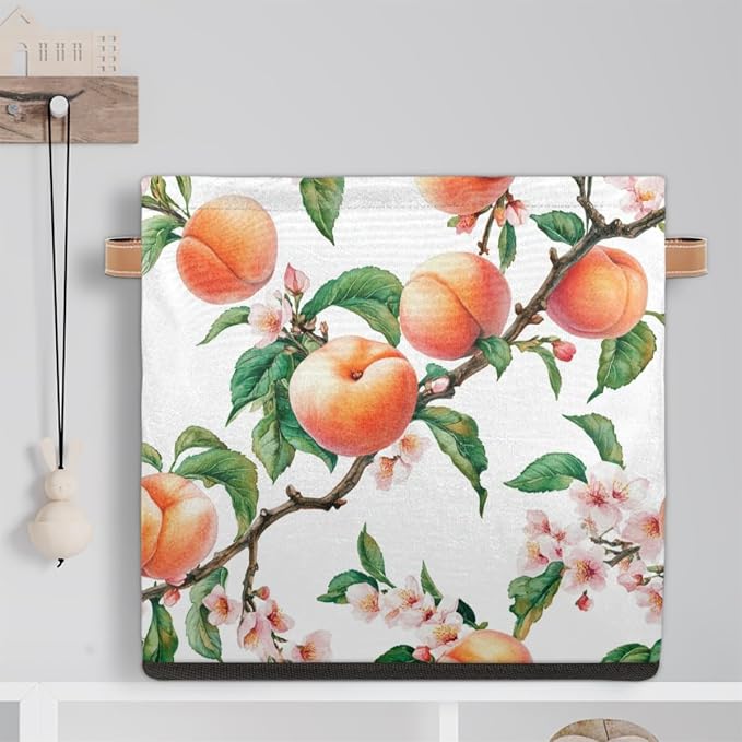 TropicalLife Peach Fruit Flower Storage Cube, 13 Inch Fabric Cube Storage Organizer Bin for Shelves Clothes, Decorative Foldable Storage Boxes