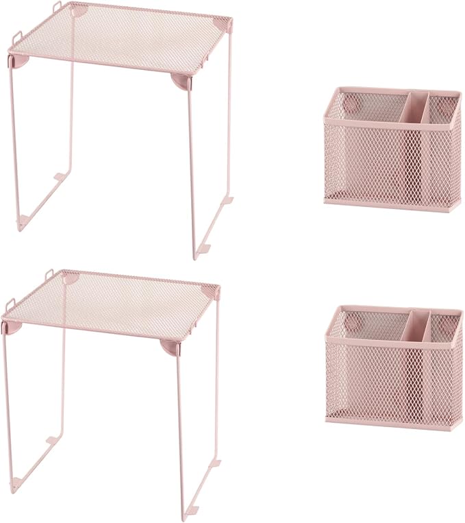 Neudeoc Locker Organizer Kit with Mesh Locker Shelf and Magnetic Pen Holders, 4-Piece Locker Accessories Set for School, Work & Gym, Foldable Stackable Metal Shelf, Fits Standard Lockers, Pink