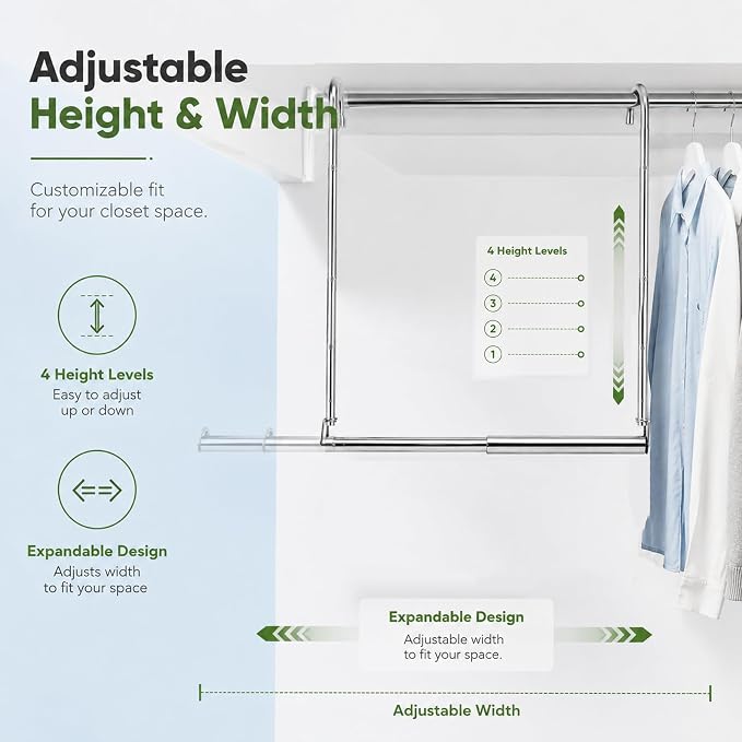 2 Pack Hanging Closet Rod Stainless Steel, Adjustable Width & Height 16–27.5 in Closet Rod Extender with 360° Rotating Hooks, Space-Saving Closet Hanging Organizer for Clothes, Pants, Skirts, Towels