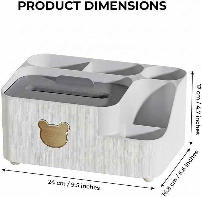 COVRA 9.5 x 6.6 x 4.7 inches Desk Organizer with Tissue Box Holder - Multifunctional Desktop Storage Caddy with Pen Holder, Cute Bear Design - Plastic (White)