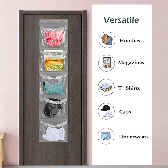 2 Pcs Day of Week Clothing Organizer Monday to Friday School Clothes Organizer for Kids Weekly Hanging Closet Organizer (GREY)