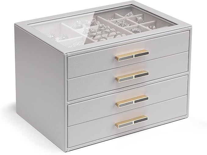 VLANDO 4-Drawer Jewelry Box with Glass Lid, Faux Leather Organizer for Rings Earrings Necklaces and More, Gift-Ready Jewelry Case for Women Girls or Moms, Grey