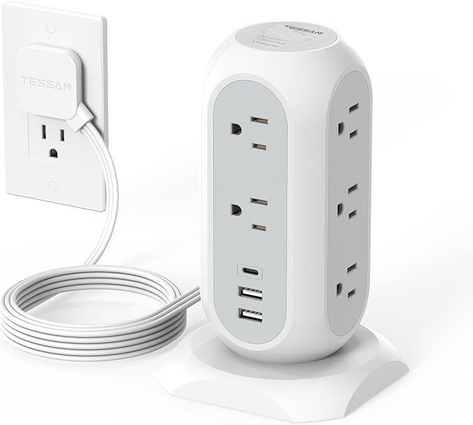 TESSAN Tower Power Strip Flat Plug with 1050J Surge Protection, 6 Ft, Grey | 11 Outlets 3 USB (1 USB C), Surge Protector Power Tower, Extension Cord with Multiple Outlets, Dorm, Office Desk Supplies