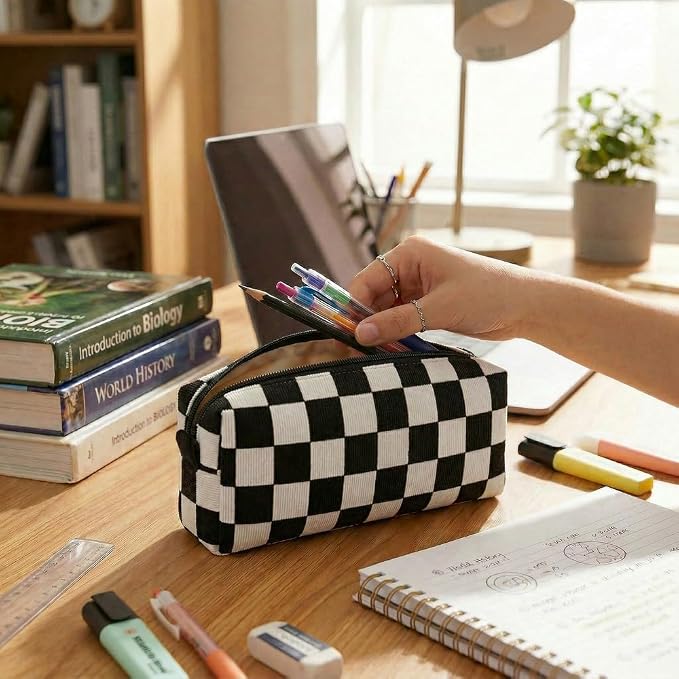 Soft Corduroy Pencil Case Pen Pouch Organizer, Small Stationery Bag | Cute black checkerboard pencil pouch, smooth zipper, daily cosmetics holder, compact organizer for school teen girls, women