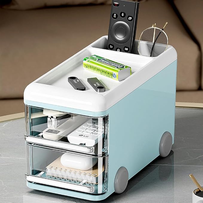LETURE Cute Desk Organizer with drawers, Plastic Desktop Storage for Business Card/Pen/Pencil/Mobile Phone/Stationery Holder Box, Desktop Organizer for Office School Home (Blue)