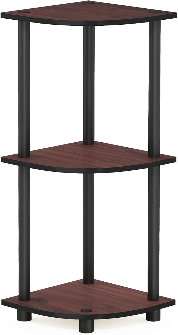 Furinno Turn-N-Tube Toolless Assembly 3-Tier Corner Shelf, Brown Corner Book Shelf, Open Shelves Bookshelf, for Organization and Storage, Living Room, Home Office, Bedroom, Cherry Oak