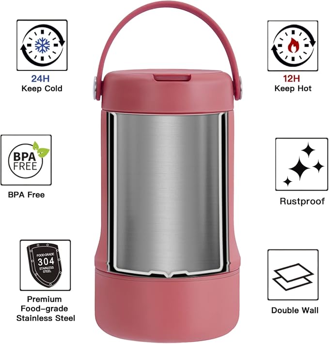 Ideus Soup Thermo with Foldable Spoon and Bowl 20oz, All-in-one Insulated Bento Lunchbox Stainless Steel Leakproof Portable Soup Container Vacuum Thermal Food Jar for Lunch, Red