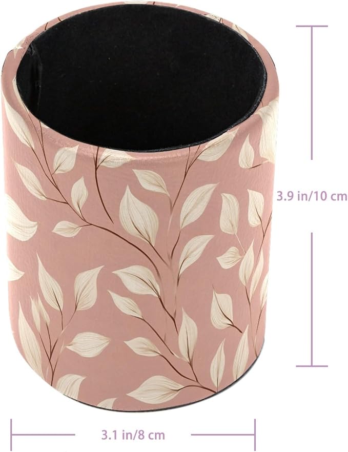 Cute Pink and White Leaves Desk Pen Organizer, Pen Cup Makeup Brush Holders Pencil Holder for Desk, Desktop Supplies & Accessories Workspace Organizers for Office Home School Art Supply