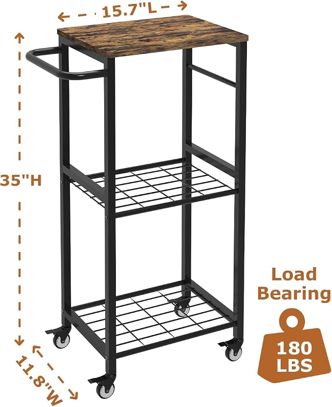Kitchen Microwave Stand Cart with Storage Rack, 3-Tier Rolling Kitchen Side Table on Wheels with 8 Hooks, Utility Small Coffee Shelf Organizer for Living Room, Bedroom, Bathroom, Office, Black