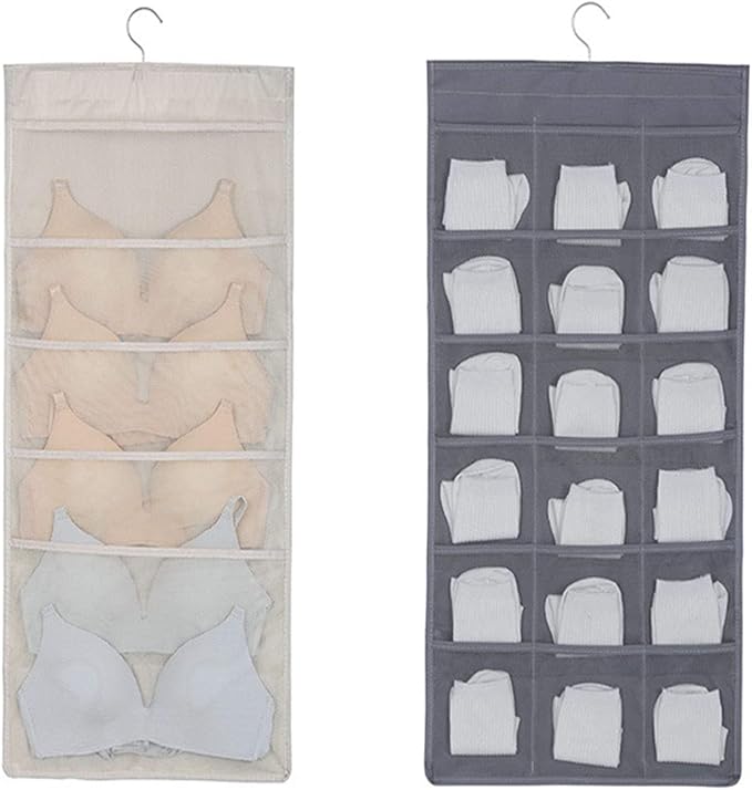 Bra and Underwear Hanging Storage Organizer Mesh Pockets Dual Sided Wall Shelves Space Saver Bag Sock Underpants Drawer Closet Clothes Rack (Gray:(5+10pockets))