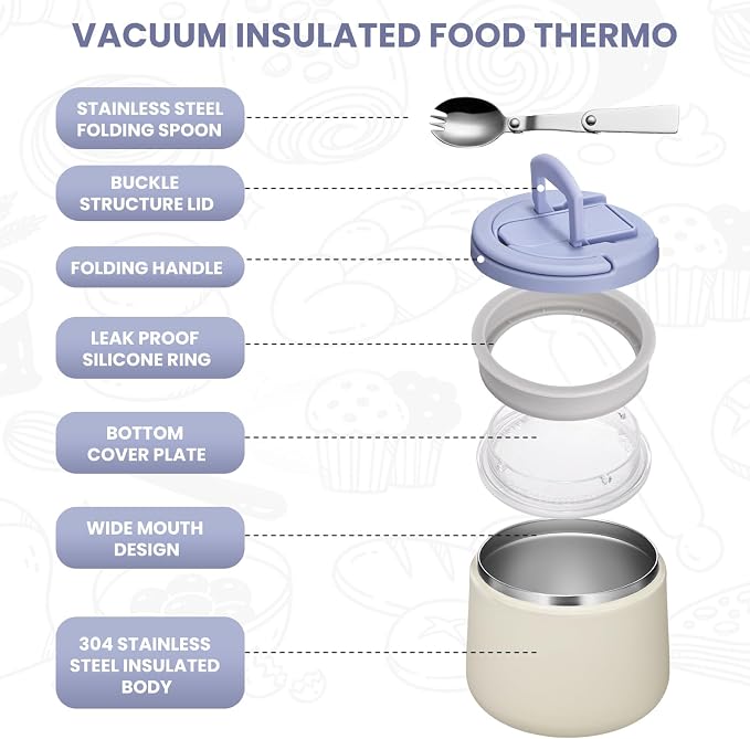 Itslife Soup Thermo for Hot Food Kids 25.5oz Lunch Containers with Buckle Lid Wide Mouth Hot Food Jar Vacuum Insulated Stainless Steel Bento Box Leakproof with Spoon (M-white3, 14oz)