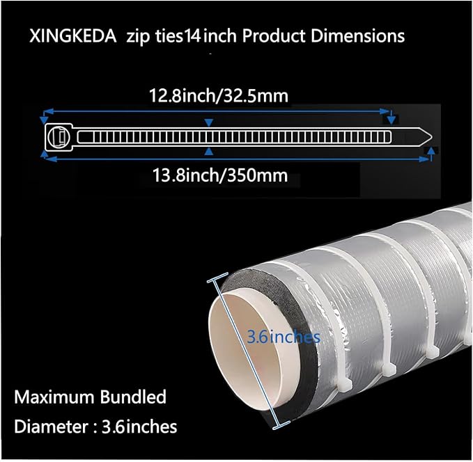 14 Inch White Zip Ties, 60lb Tensile Strength, Weather Resistant Self-Locking Cable Ties for Outdoor Indoor, 150 Pack XINGKEDA