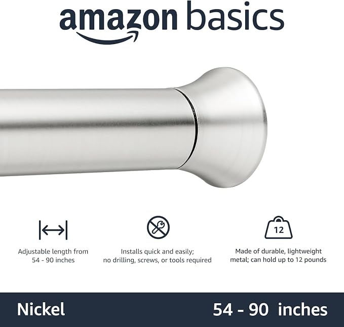 Amazon Basics No Drilling Spring Tension Curtain Rod, Adjustable Length 54-90" Width, Classic Finial, Nickel