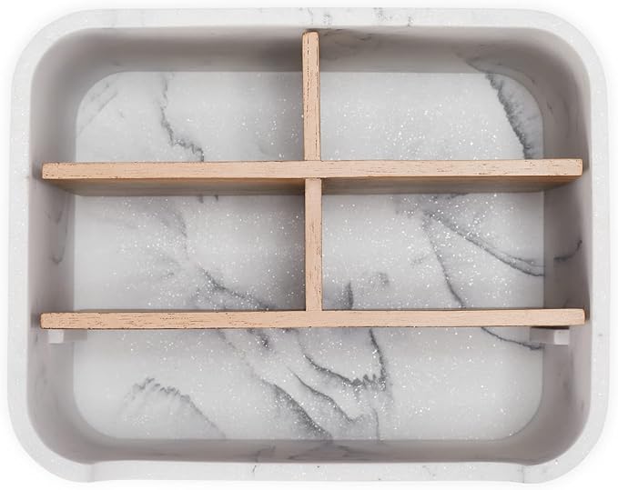 2 Pack Remote Control Holders, Desk Organizers with Dividers,White | Set of 2 resin and wood organizers with dividers for remotes, pens, glasses, and media devices on desk, table, or nightstand