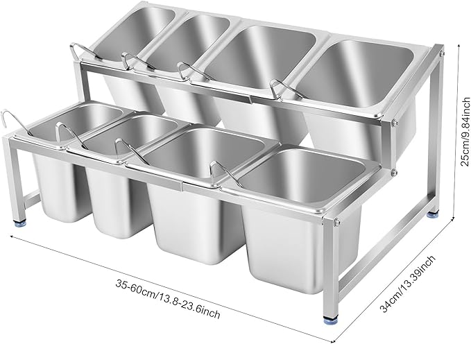 Expandable Spice Rack, Countertop Condiment Stand Holder with Pans and Lids,Stainless Steel Organizer Shelf for Seasonings Sauces Side Dishes Fruits Kitchen Pantry (4*1/9 Pans + 4*1/6 Pans)