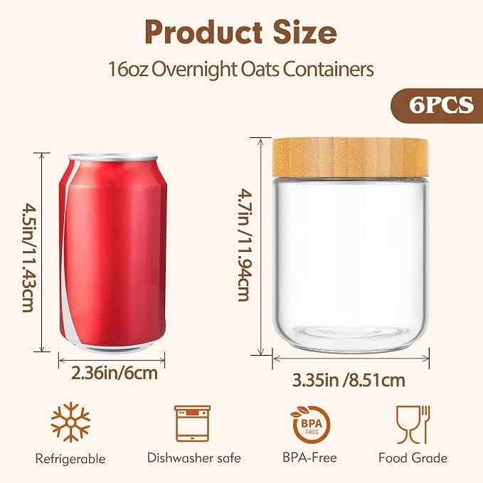 6pcs Glass Overnight Oats Containers with Lids, 16oz Storage Containers | Glass Storage for Dry Food, Jars with Bamboo Lids for Yogurt & Salad, Portable for Picnic & Lunch