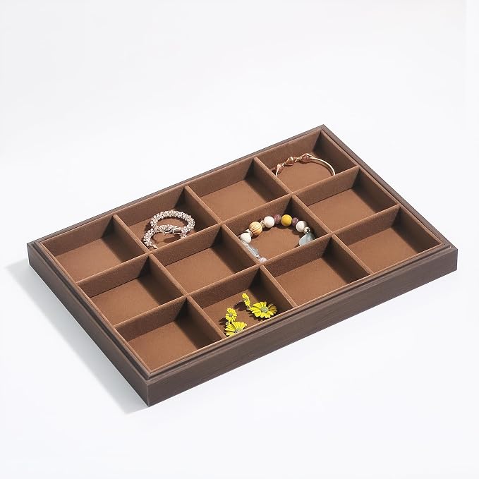 Wood Jewelry Organizer Tray, Bracelet Display (Brown, 2Pc, 12 Grids) | Stackable Jewelry Display, Bracelet Holder, Tangle-Free Bracelet Organizer, Watch Ring Storage