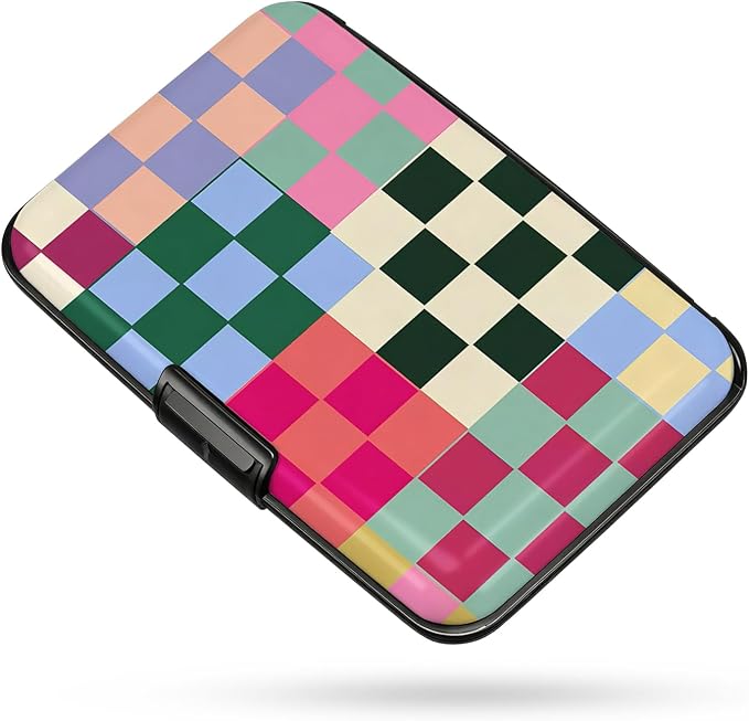 Credit Card Holder Multicolor Checker Mini Aluminum Wallet | Women Men, Slim Design, RFID Blocking, Metal Business ID Case