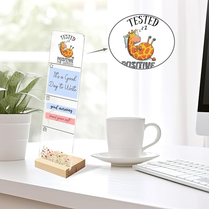 Sticky Note Holder, Monitor Memo Board, Acrylic Post It Note Holder with Wooden Base, Includes 200 Notes, Desk Organizer, Funny Giraffe Quote “Tested Positive for Laziness”