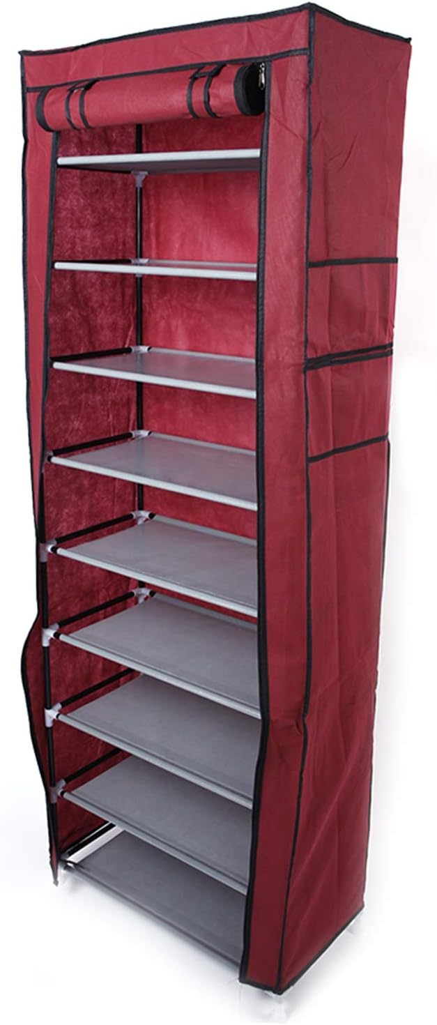 Shoe Rack, 10 Tier Shoe Organizer with Dust Cover, Shoe Storage Shelf for 20-27 Pairs of Shoes, Designed for Doorways, Entryway, Suitable for Sneakers, High Heels, Flats, and Boots (Wine Red)