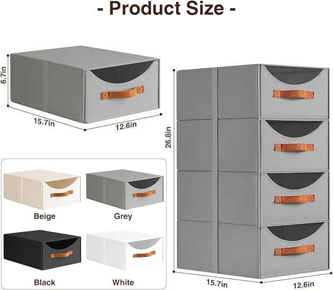 Homsorout Stackable Storage Drawers - Large Collapsible Storage Bins with Drawers, 6 Pack Closet Shelf Organizer Basket, Fabric Pull Out Organizer for Bedroom, Living Room, Dorm, Grey