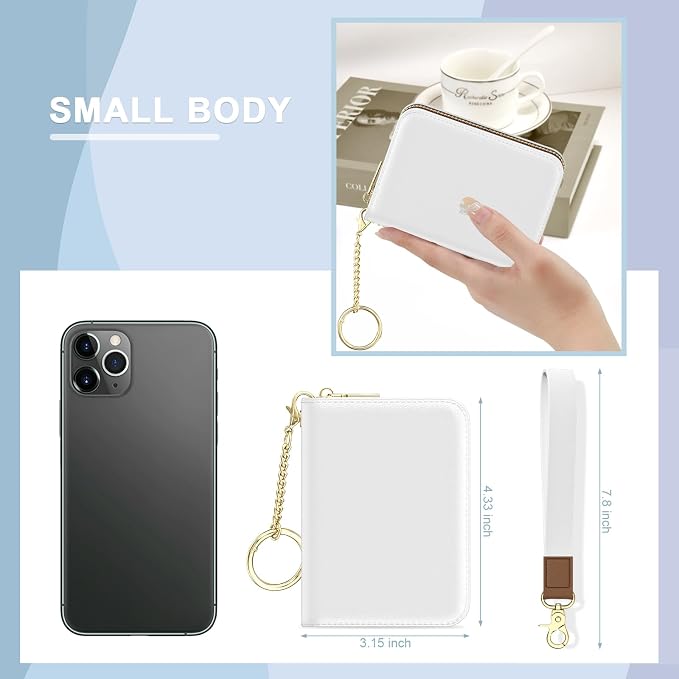Aiawoxc Credit Card Holder, Small RFID Wallet Slim Leather Card Organizer Case with Zipper and Wristlet Strap, White