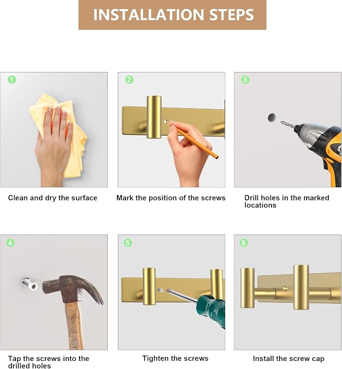 Wall Mounted Coat Rack-5 Hooks, Heavy Duty Stainless Steel Wall Hooks for Towel Coat Bag, Hat Rack Coat Hanger Coat Hooks Towel Racks for Bathroom Entryway Kitchen Hotel Office (Gold, 1 Pack)
