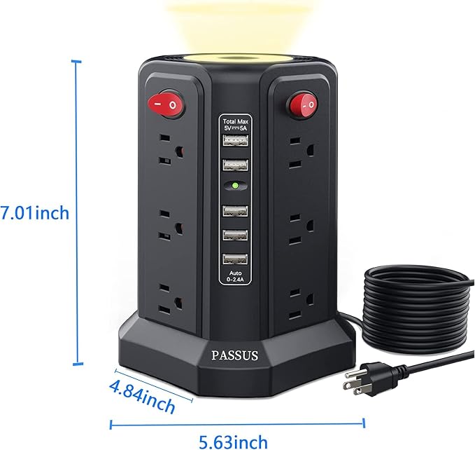 Surge Protector Power Strip Tower with 5 USB Ports and Night Light, 10FT Extension Cord with 12 AC Multiple Outlets, PASSUS Power Tower, Overload Protection for Home Office Dorm Room (2PC-Black)