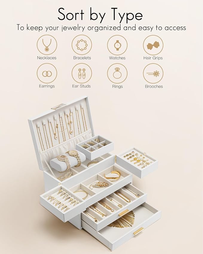 VLANDO 4 Layers Jewelry Box - Women Jewelry Box with Retractable Tray - Jewelry Organizer with Drawer for Necklaces, Rings, Bracelets, Earrings, Gift for Couples Mom Girls - White