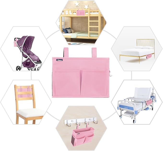 Surblue Caddy Hanging Organizer Bedside Storage Bag for Bunk and Hospital Beds, Pink, Small