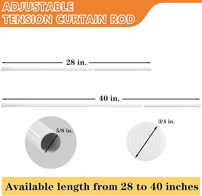 KXLife 2 Pcs Spring Tension Curtain Rod Adjustable 28 to 40 Inches, White | 5/8" Diameter, Expandable Spring Loaded, No Drilling, No-Slip End Caps, for Windows, Kitchen, Doors