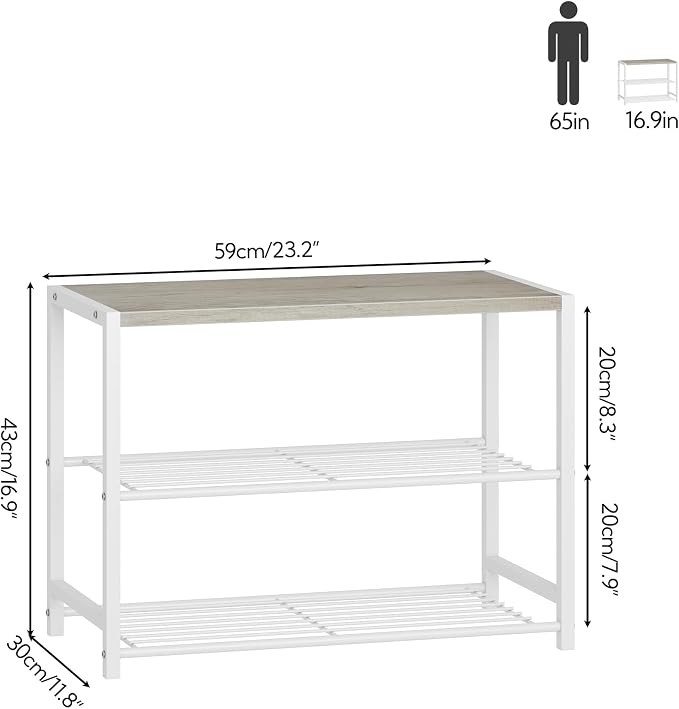 Yusong Shoe Rack Organizer, 3 Tier Industrial Shoe Storage Shelf for Closet Entryway, Narrow Sturdy Metal Shoe Shelves, White