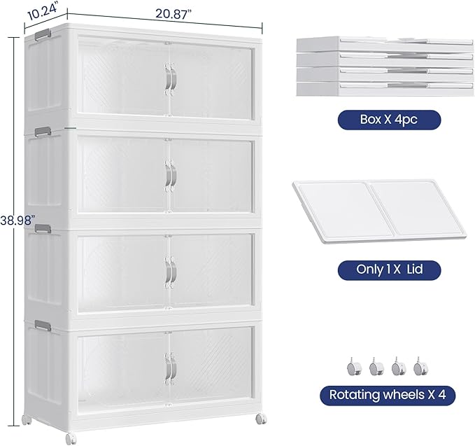 240QT Extra Large Stackable Storage Bins with Lid & Wheels & Doors, 60Gal Foldable Collapsible Closet Organizers, Plastic Cabinet Box Container Drawer for Home Kitchen Bedroom, 4Pack White