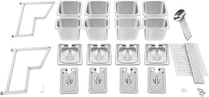 Expandable Spice Rack, Countertop Condiment Stand Holder with Pans and Lids,Stainless Steel Organizer Shelf for Seasonings Sauces Side Dishes Fruits Kitchen Pantry (4*1/9 Pans + 4*1/6 Pans)