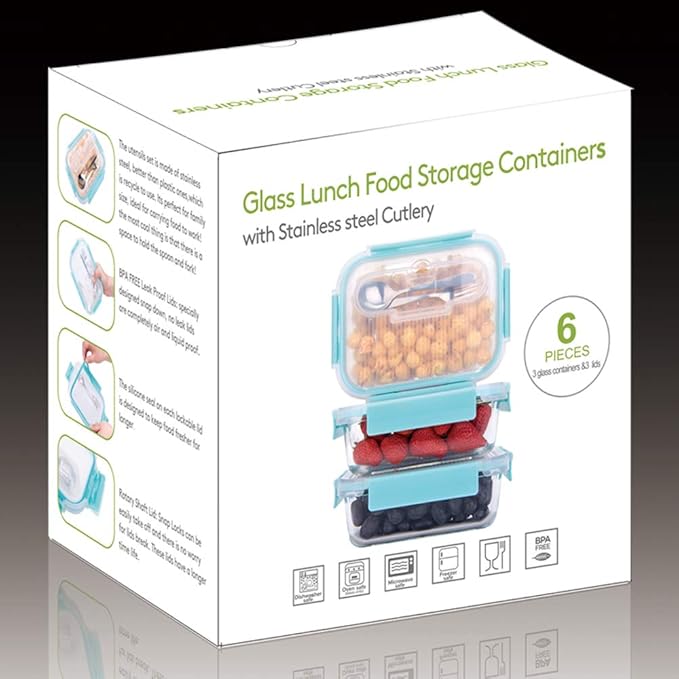 AILTEC Large Glass Food Storage With Locking Lids - Bento Box Lunch and Meal Prep Containers [3-Pack, 36 OZ]