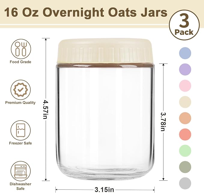 Overnight Oats Containers with Lids, 16oz Wide Mouth Mason Jars with Lids, 3 Pack Glass Jars with Airtight lid for Chia Pudding Yogurt Salad, Meal Prer Oatmeal Jars, Yellow