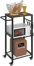 Kitchen Microwave Stand Cart with Storage Rack, 3-Tier Rolling Kitchen Side Table on Wheels with 8 Hooks, Utility Small Coffee Shelf Organizer for Living Room, Bedroom, Bathroom, Office, Black